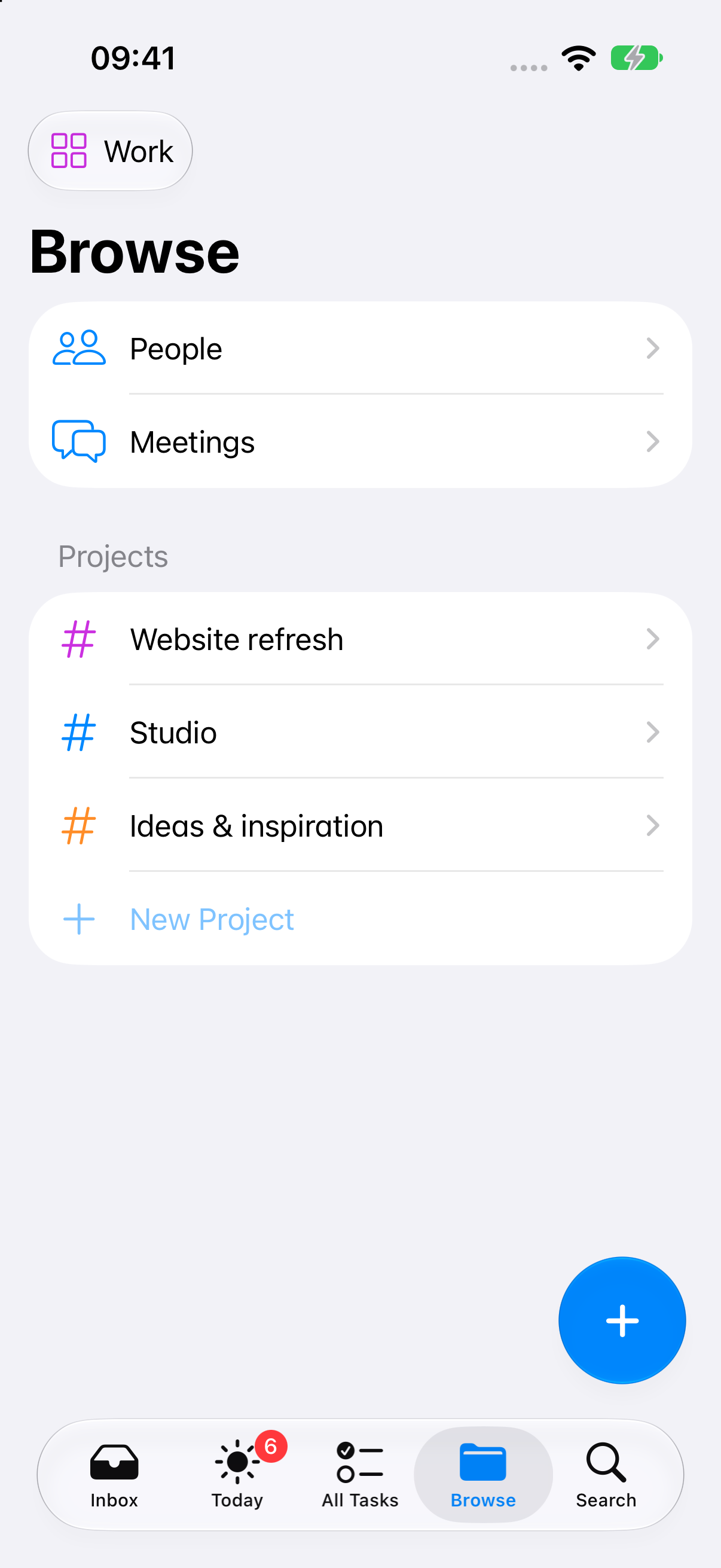 Doo on iOS 27 showing Browse with spaces, people, meetings, and projects