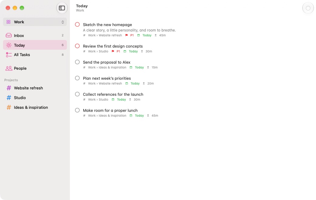 Doo for macOS with the Work sidebar and today's planned tasks